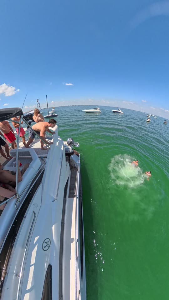 Guests swimming off the bow of the 52ft Marquis Flybridge at a Tampa Bay sandbar raft-up
